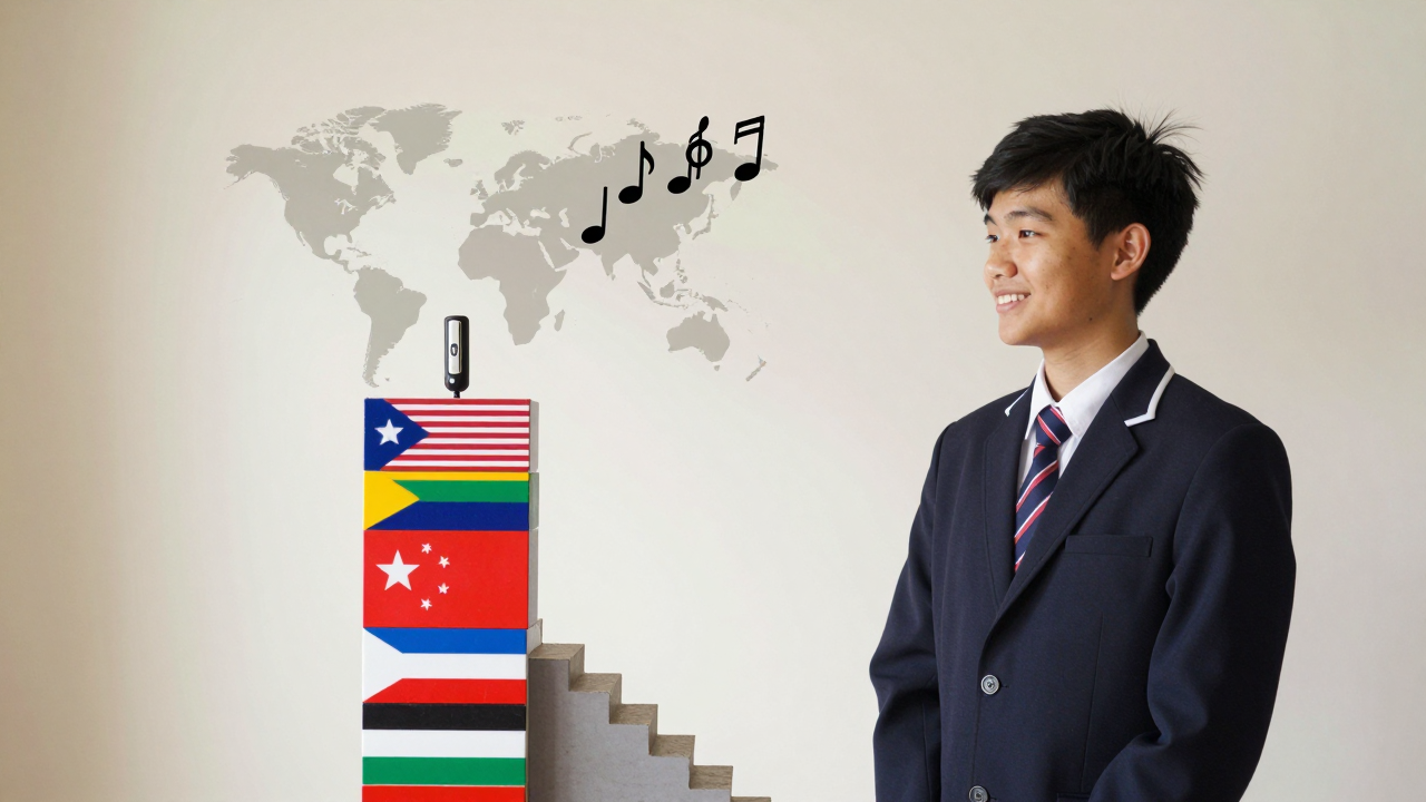 Minh họa phẳng hình một học sinh cười tươi bên nốt nhạc, lá cờ các quốc gia và chiếc chuông thi đấu, tượng trưng cho hành trình thi Olympia.
