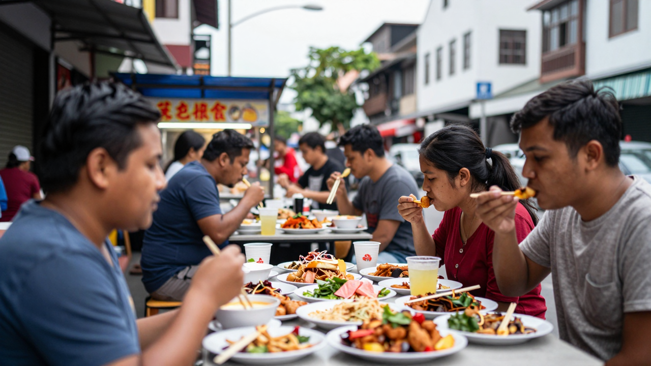 Minh họa khu 'Bách - Kinh - Xây' với nhiều món ăn ngon giá rẻ được bày bán tại đây.