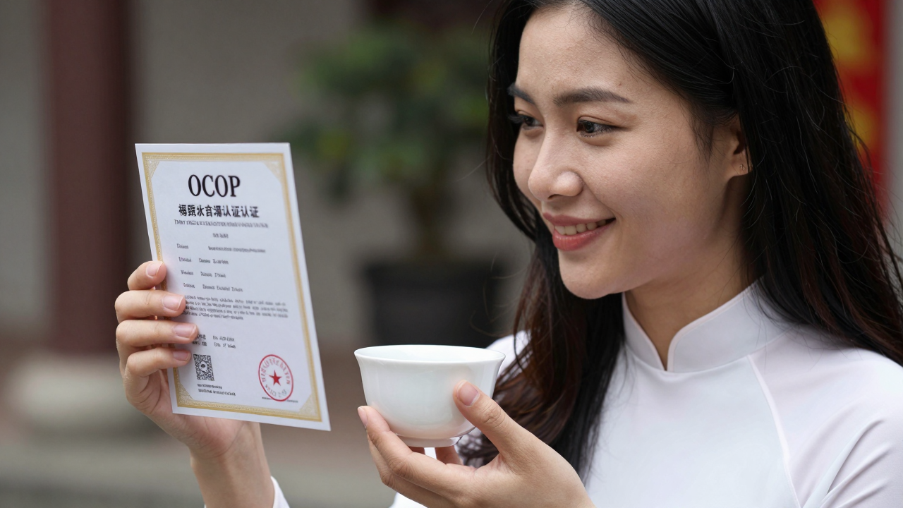 Cô giáo Mai Thị Huế đang cầm ly trà lêkima Đất Đỏ, nở nụ cười rạng rỡ