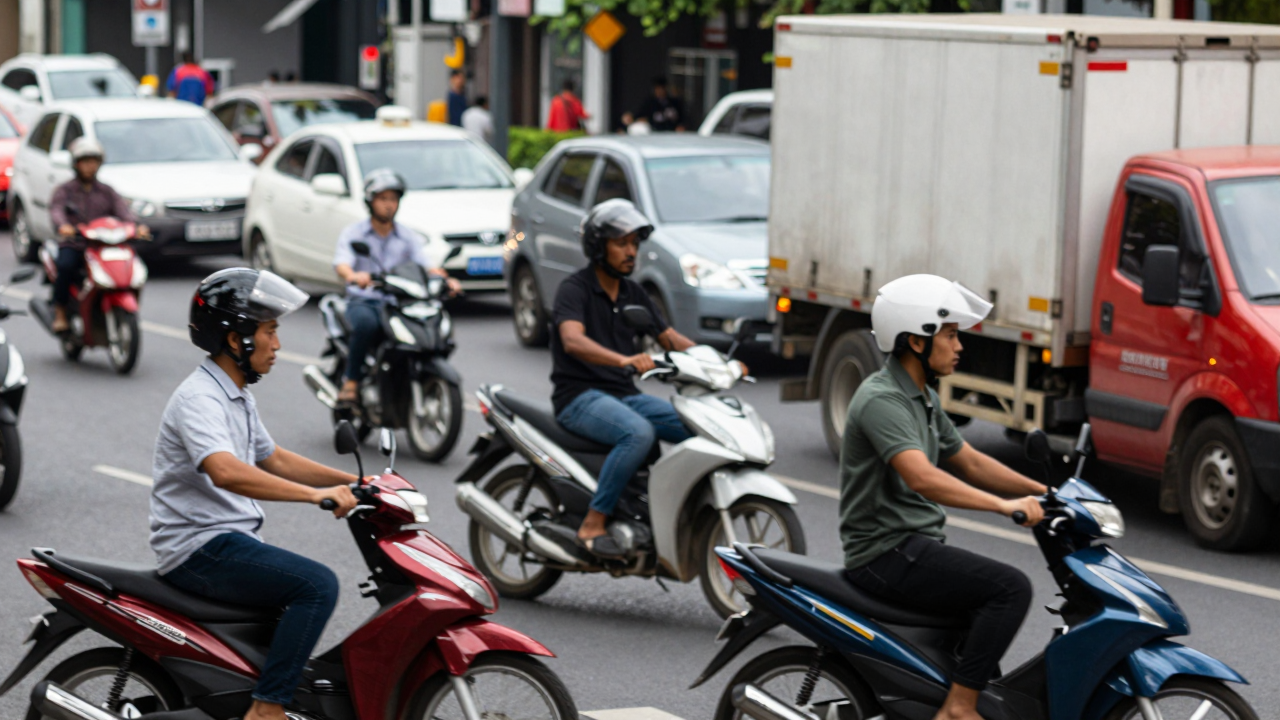 Hình ảnh giao thông đông đúc tại vòng xoay TP.HCM với xe máy và xe tải