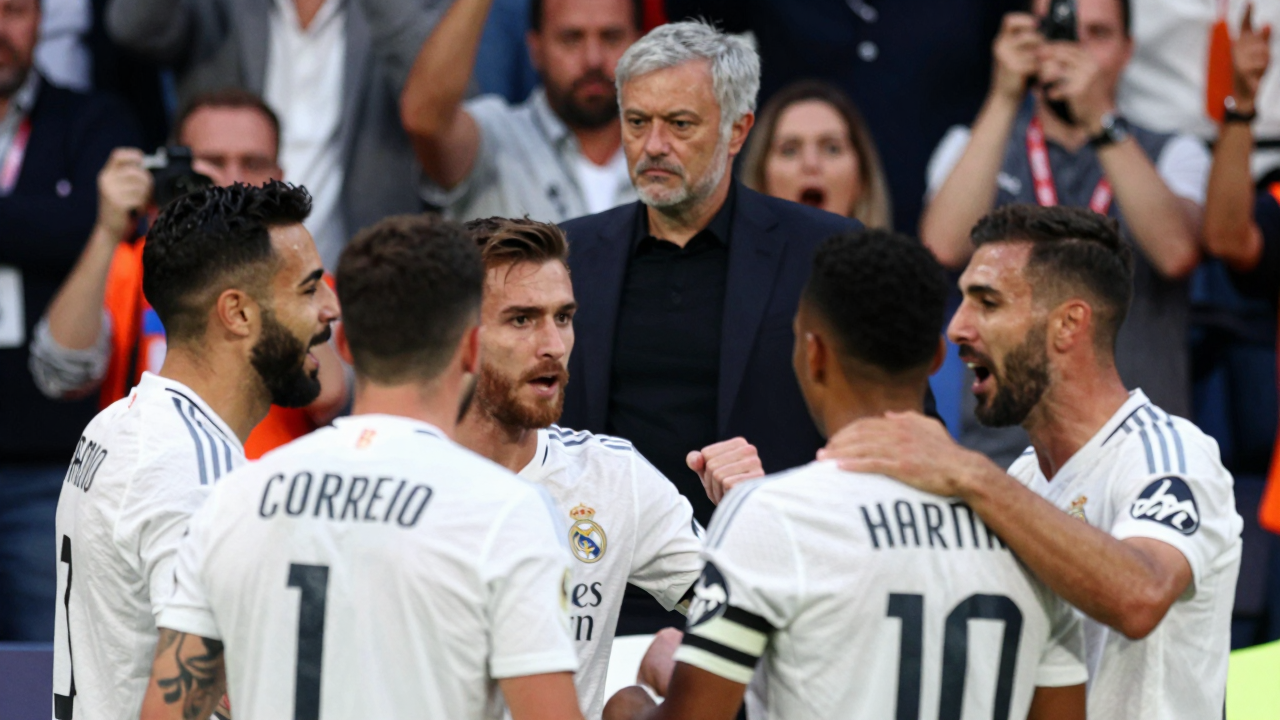 Real Madrid players celebrate a victory, with Mourinho in the background and fans in the crowd.