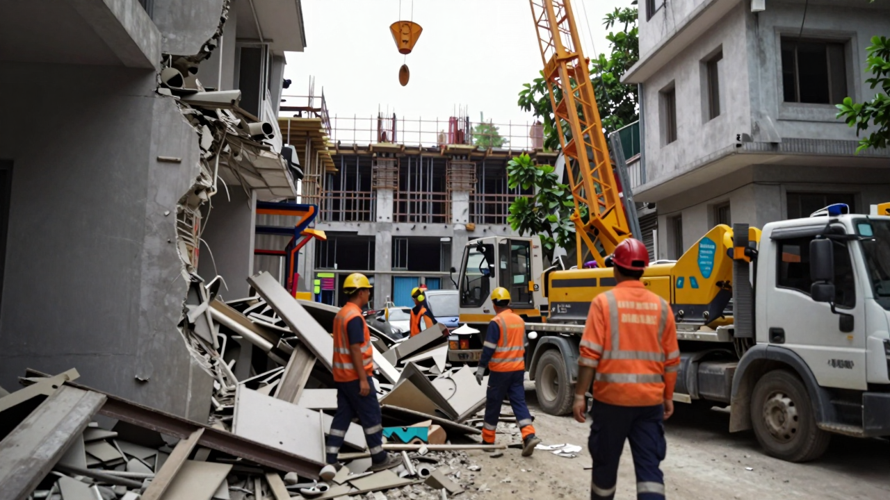 Công trường xây dựng ở Hà Nội với bức tường sập, cần cẩu và lực lượng cứu hộ tại hiện trường