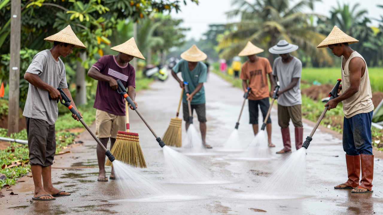 Nhóm nông dân Cà Mau rửa đường sau mưa bằng máy xịt áp lực và chổi tre, đảm bảo an toàn giao thông.