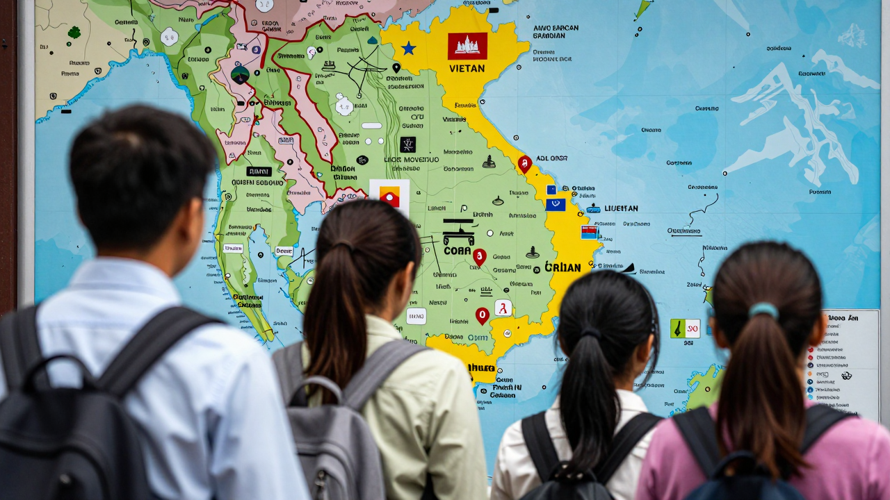 Minh họa du khách Việt Nam đến Campuchia, kèm biểu đồ thống kê và biểu tượng giao thương