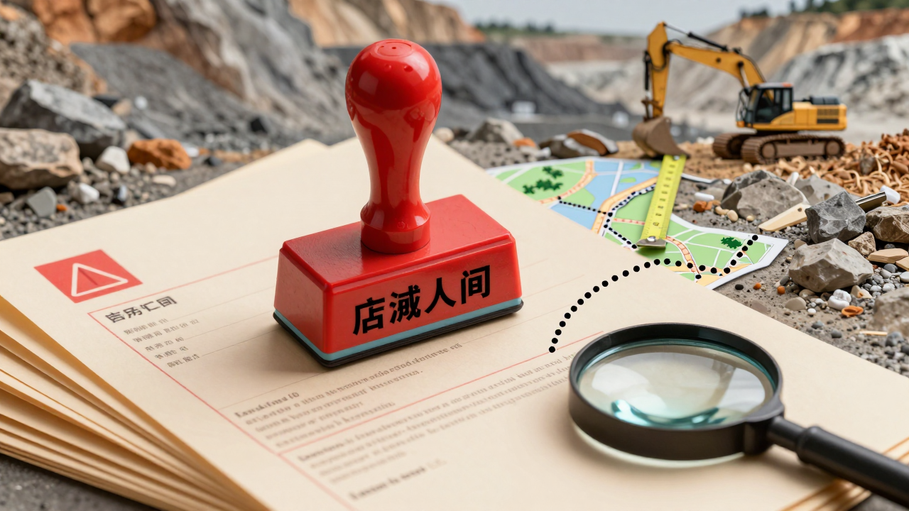 Minh họa con dấu lớn trên chồng hồ sơ cấp phép khoáng sản và bản đồ mỏ có thước đo vượt ranh giới quy hoạch