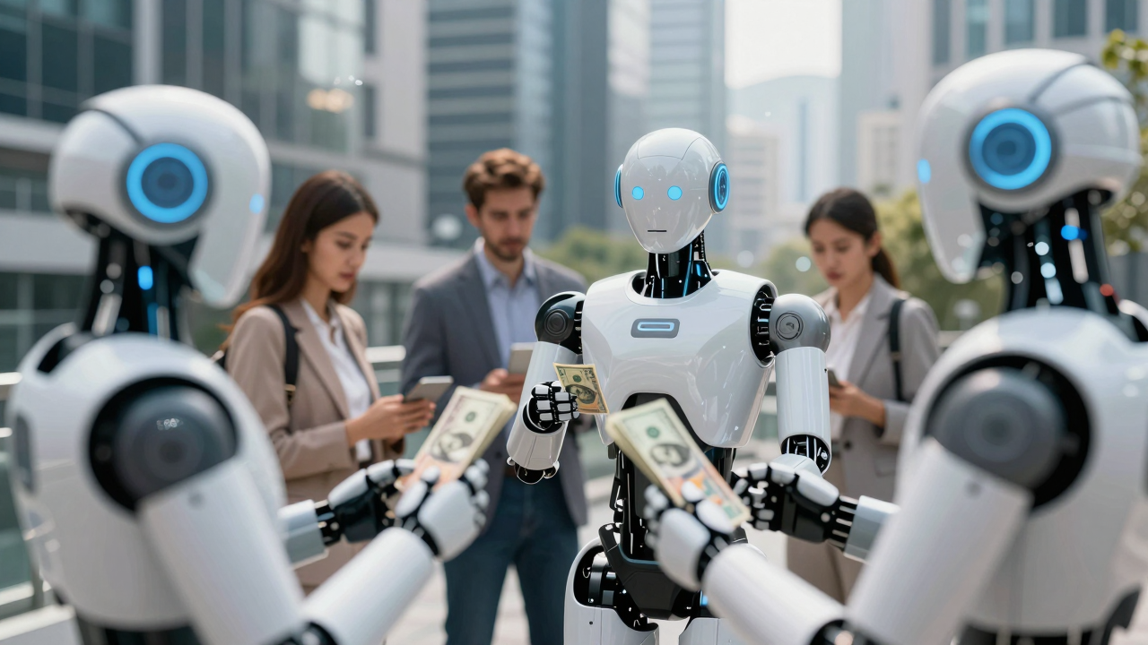 Hình ảnh minh họa về tương lai với AI và robot, thể hiện sự thay đổi trong quản lý tài chính và kinh tế