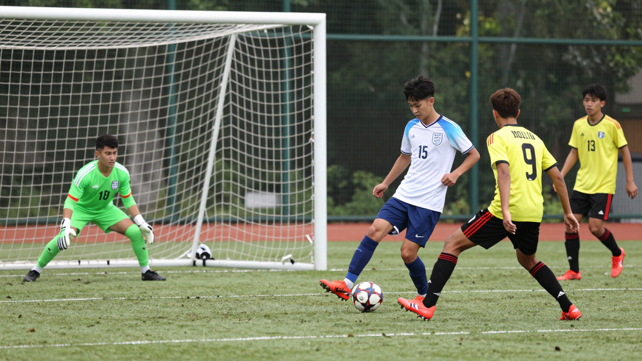 Trận đấu U15 Anh vs U15 Bolivia tại Baku, thủ môn Bolivia di chuyển sang trái, cầu thủ Anh sút phạt đền, các cầu thủ Bolivia phản ứng