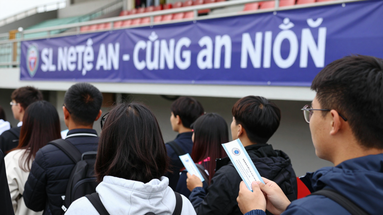 Người hâm mộ xếp hàng mua vé trận đấu giữa SL Nghệ An và CLB Công an Hà Nội tại sân Vinh