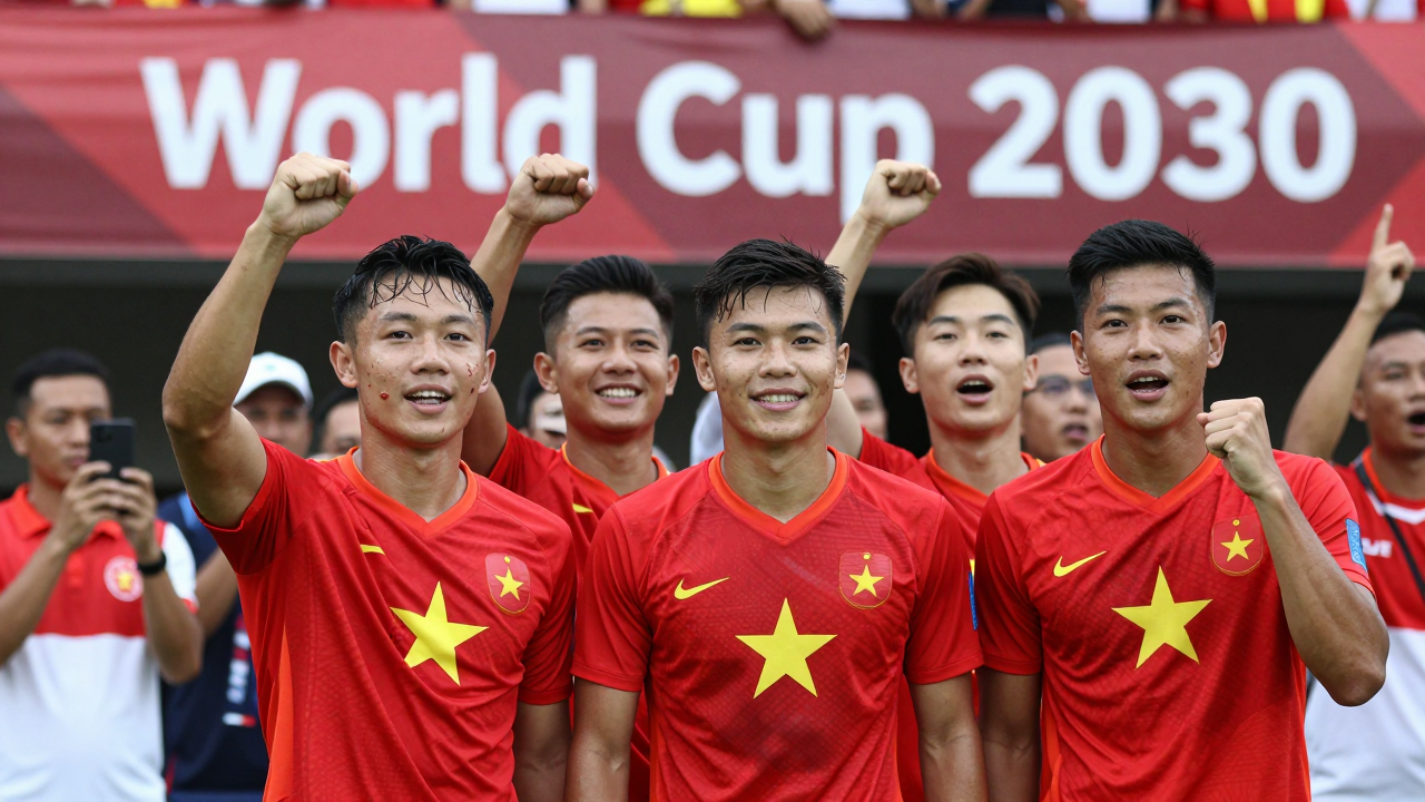 Đội tuyển Việt Nam và Indonesia vui mừng sau chiến thắng, kỳ vọng tham dự World Cup 2030.