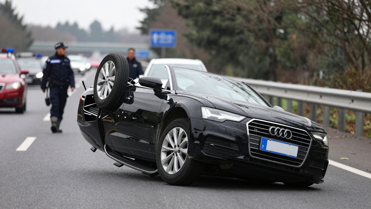 Tài xế Việt lái Audi lật nhào trên cao tốc Anh, không có thiệt hại người