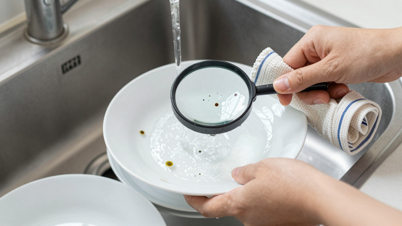 Người phụ nữ rửa bát trong căn bếp với những thói quen sai cách như để bát đĩa trong nước, dùng khăn lau cũ và xếp chồng bát đĩa, hiển thị vi khuẩn và nấm mốc trên bát đĩa.