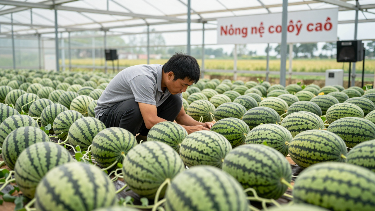 Nông dân An Giang trong mô hình nông nghiệp công nghệ cao với nhà màng trồng dưa lưới.