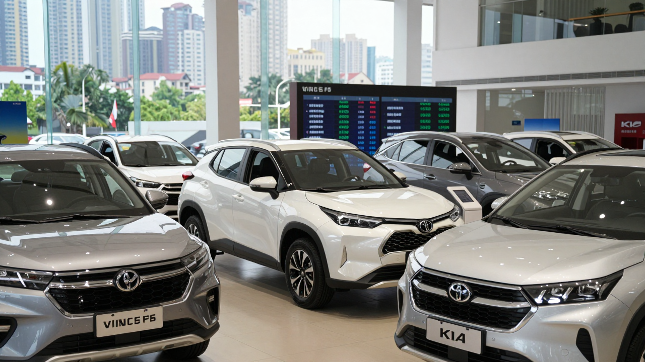 Minh họa doanh số SUV đô thị Việt Nam 9 tháng đầu năm 2026 với các mẫu xe như VinFast VF 6, VF 5, Toyota Yaris Cross, Mitsubishi Xforce và KIA Seltos.