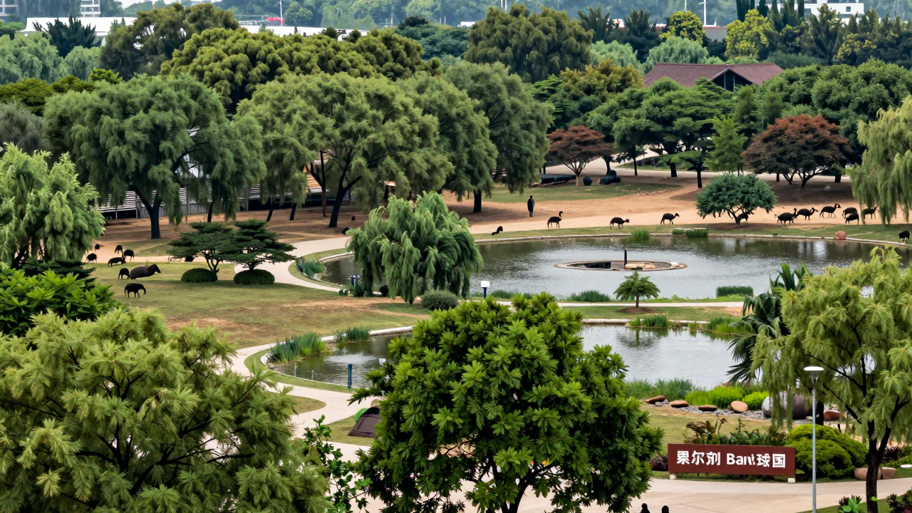Minh họa công viên Safari Ba Vì với cây xanh, mặt nước và không gian sinh thái.