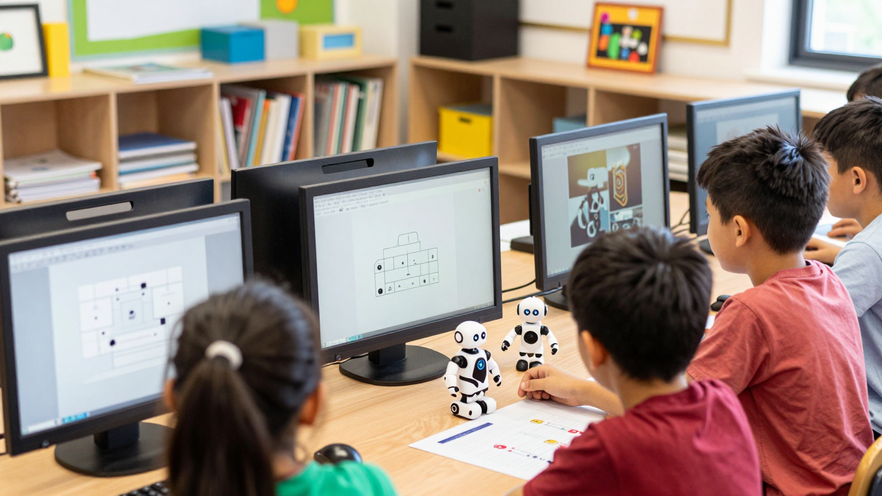 Trẻ em tương tác với màn hình tivi tương tác và mô hình robot mini trong lớp học STEM.