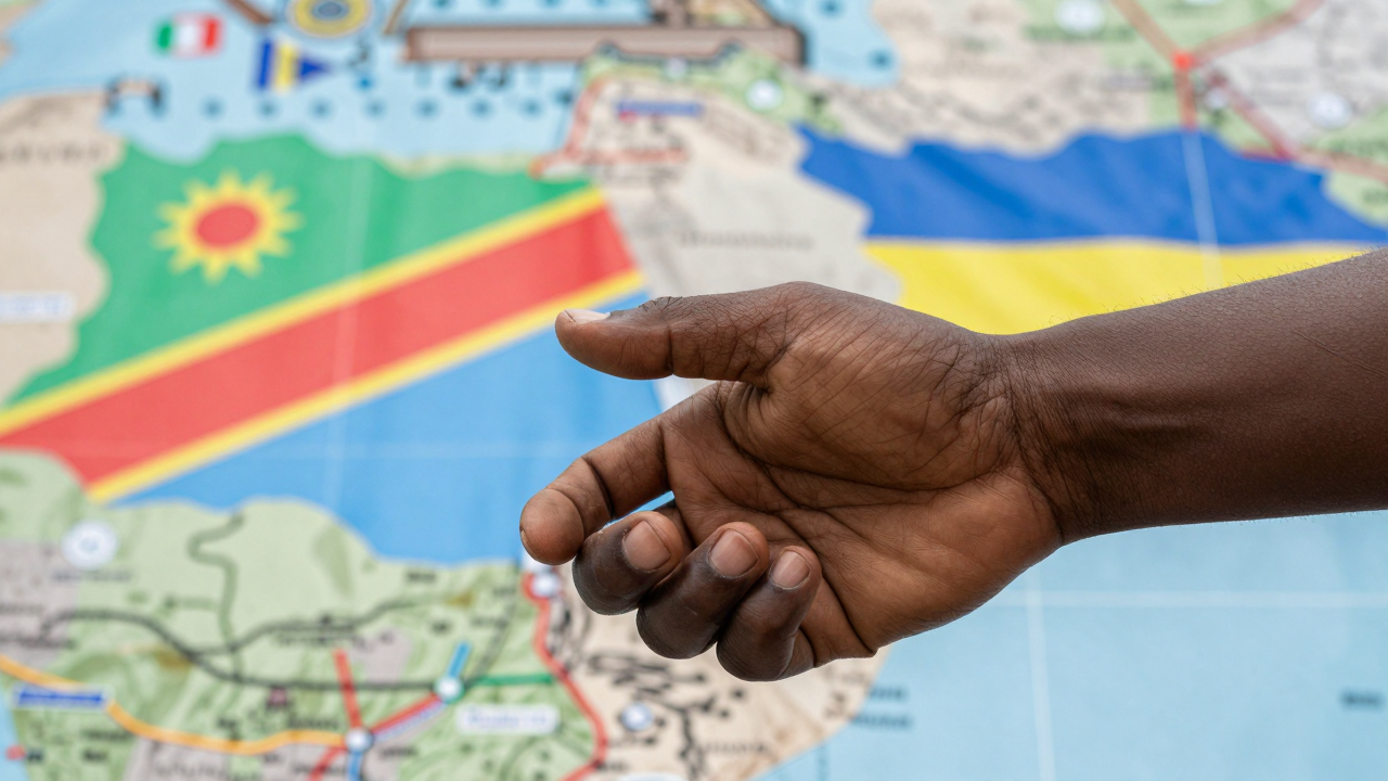 Bản đồ chính trị thể hiện sự đối đầu giữa CHDC Congo và Rwanda, với biểu tượng bắt tay thể hiện nỗ lực ngoại giao.