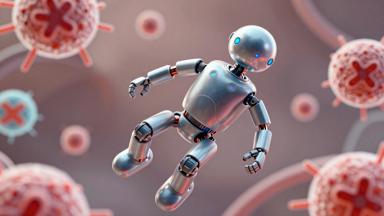 Hình ảnh minh họa về nanorobot y học hoạt động trong cơ thể con người.