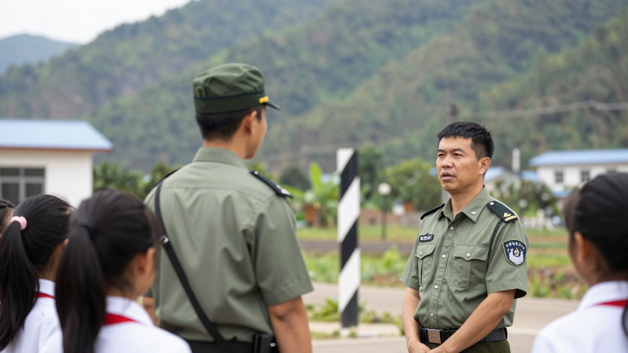 Minh họa trường học vùng biên bên cạnh cột mốc và cán bộ biên phòng