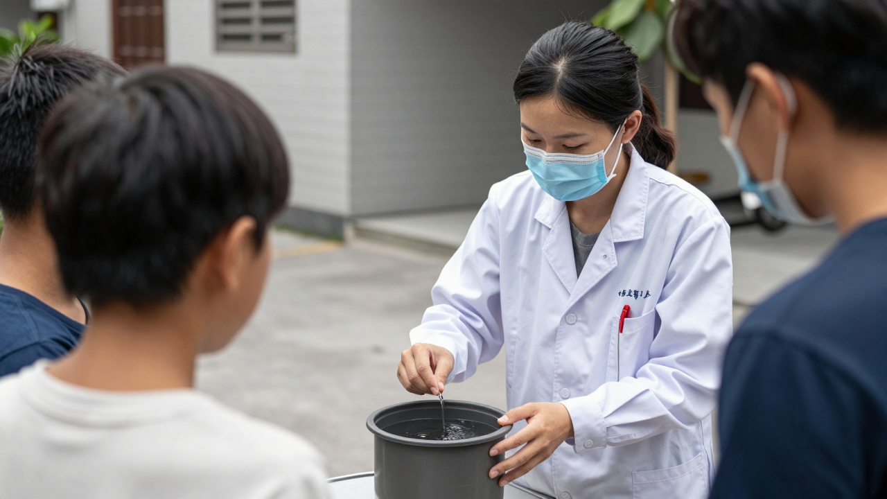 Nhân viên y tế kiểm tra dụng cụ chứa nước trong khu dân cư để phòng muỗi truyền bệnh