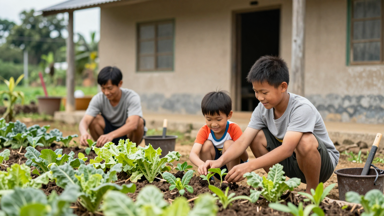 Minh họa một gia đình ở vùng nông thôn chăm sóc luống rau trong chương trình hỗ trợ sinh kế.