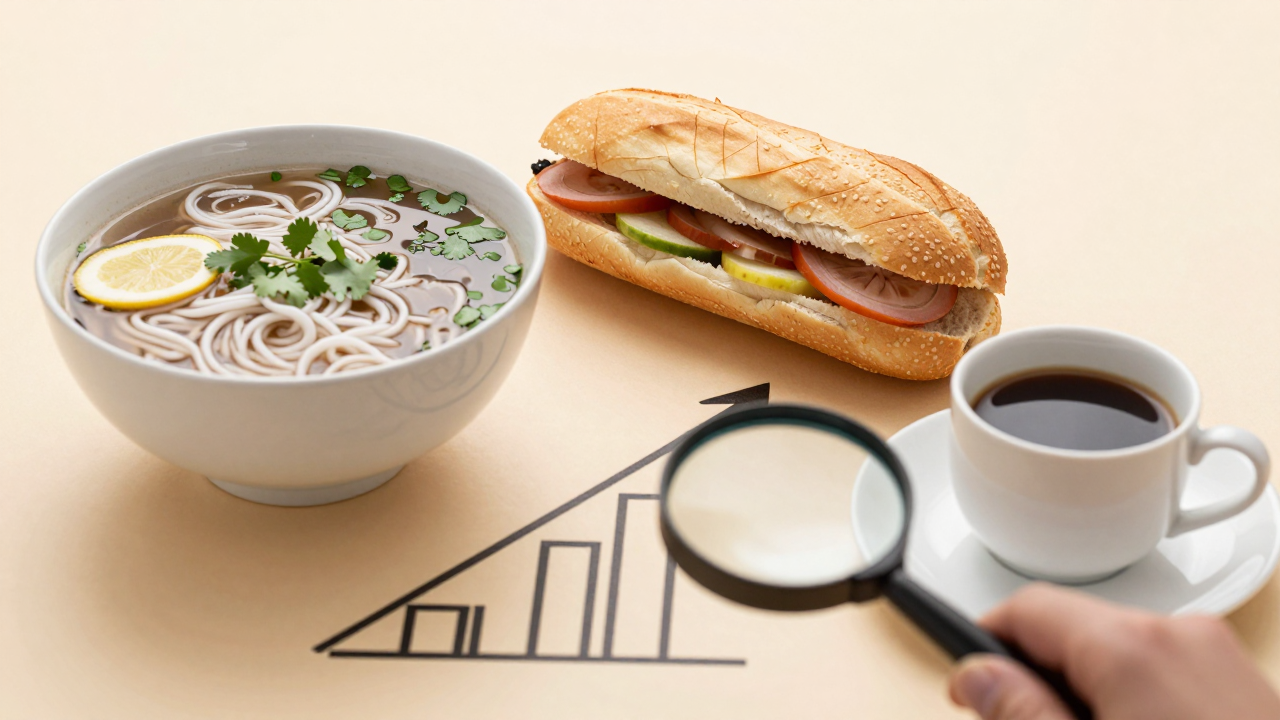 Minh họa phở, bánh mì, cà phê bên biểu đồ và kính lúp xác minh thông tin