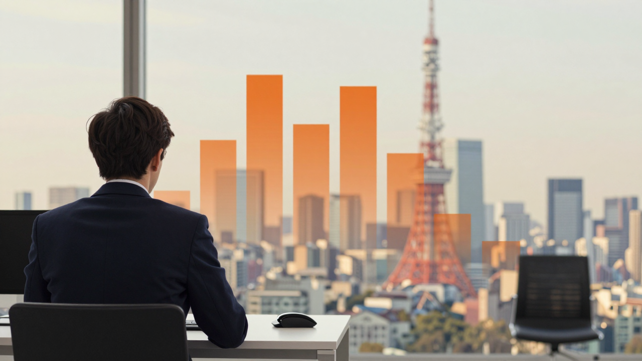 Minh họa nhà giao dịch trước biểu đồ tài chính, giữa khung cảnh London và Tokyo