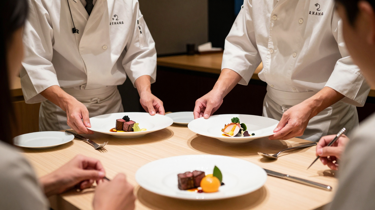 Minh họa hai đầu bếp cùng chuẩn bị thực đơn fine dining với thịt bò, hải sản và món tráng miệng.