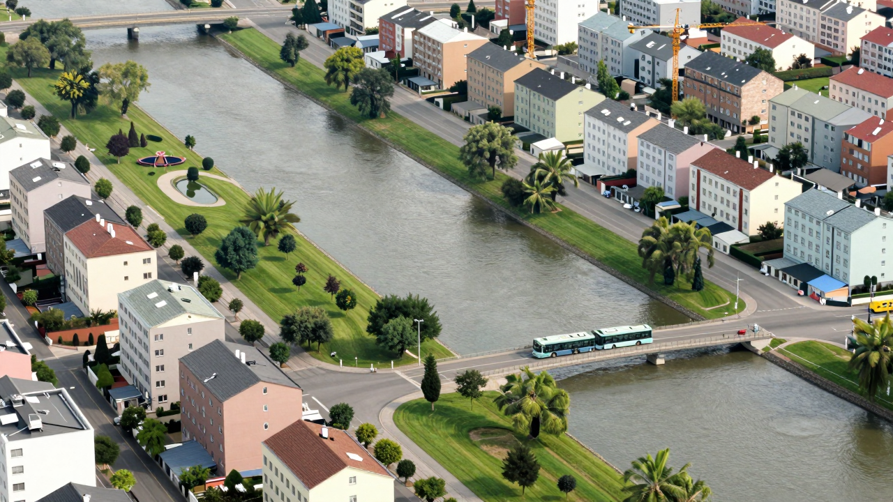 Minh họa phẳng một khu đô thị ven sông với công viên, nhà ở và cần cẩu xây dựng, gợi ý quy hoạch tái thiết Vĩnh Hưng