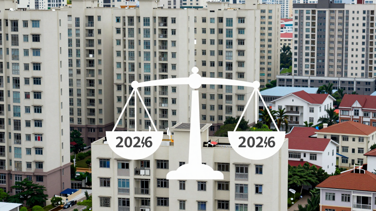 Minh họa các khu nhà ở và cán cân tượng trưng cho cung, lãi suất và sức mua.