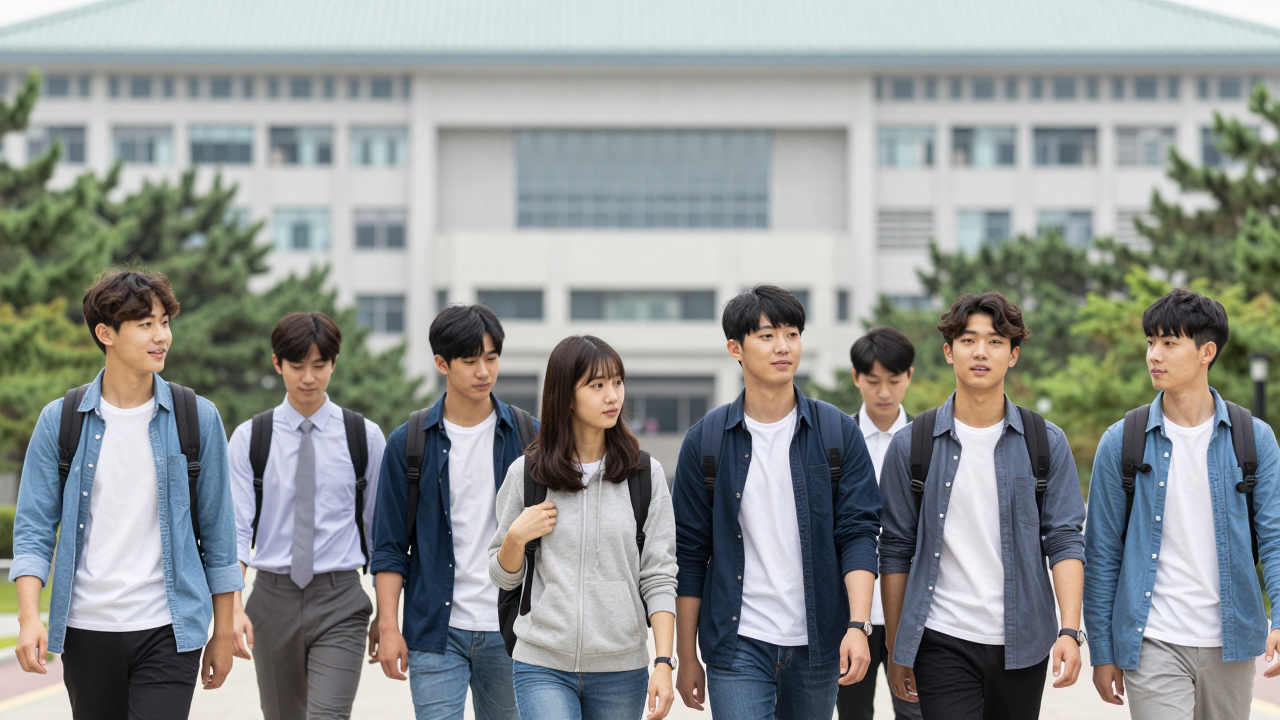 Minh họa sinh viên quốc tế đi trong khuôn viên đại học tại Hàn Quốc