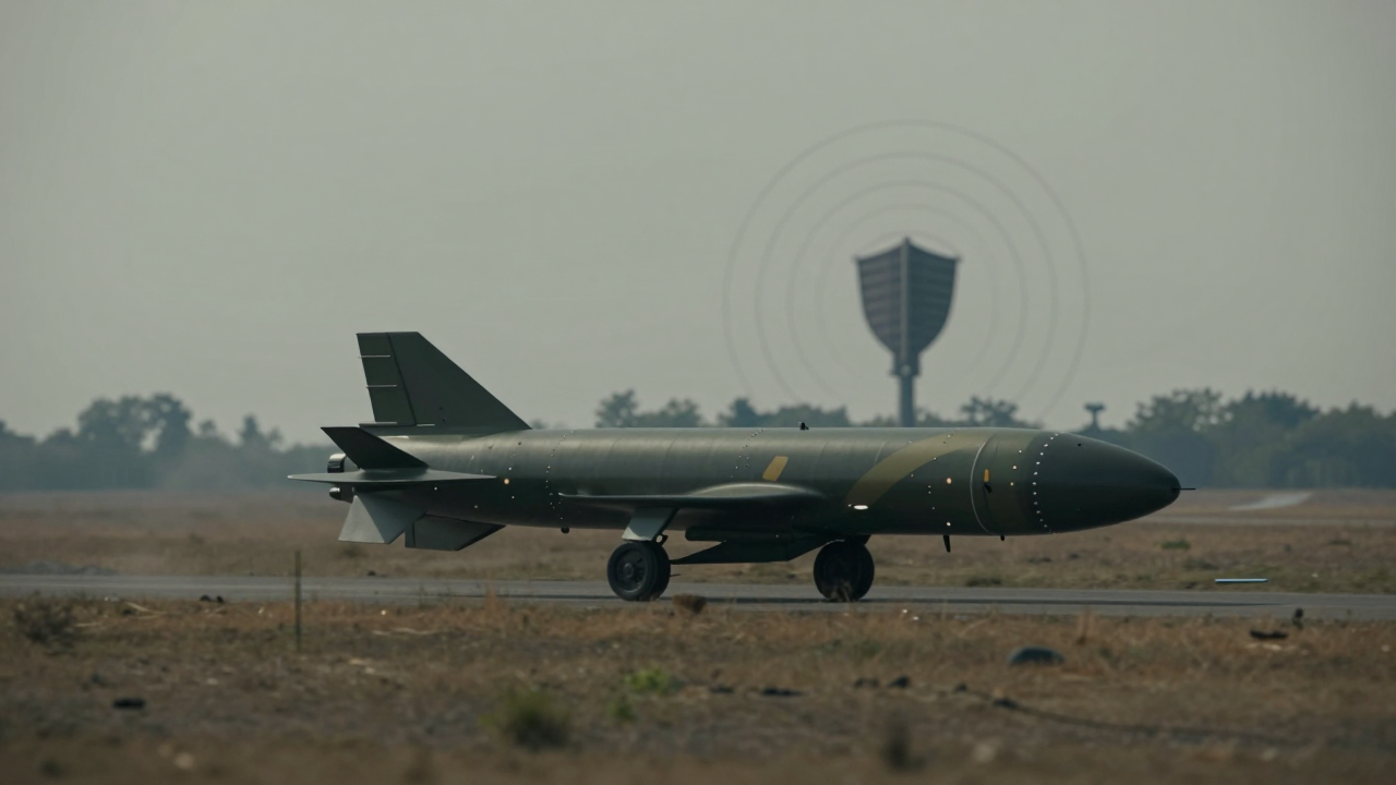 Minh họa tên lửa hành trình và các đường radar trên nền cảnh quan trừu tượng.