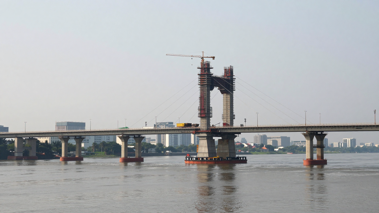 Minh họa các trụ cầu Hồng Hà đang vươn lên giữa sông Hồng.