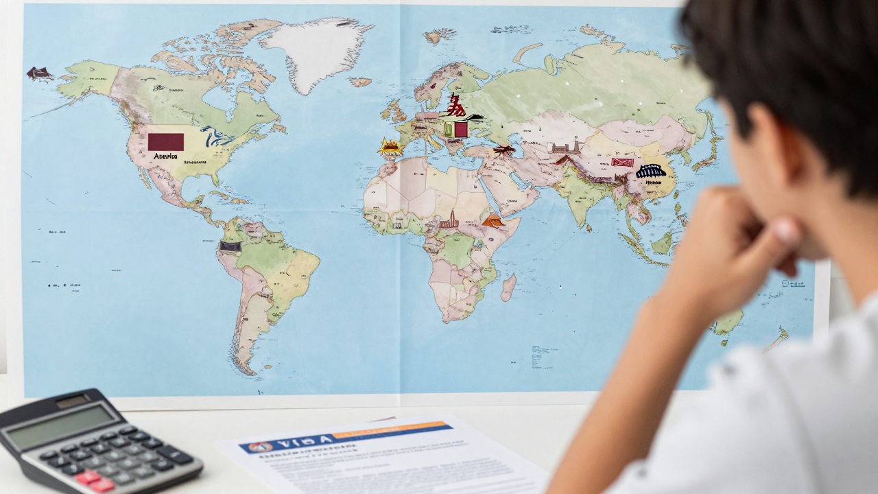 Minh họa sinh viên cân nhắc điểm đến du học, visa và chi phí
