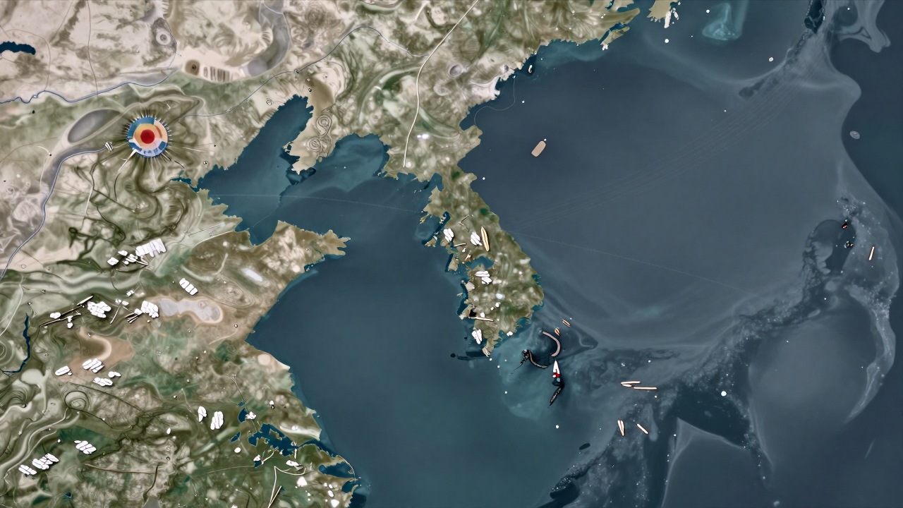 Minh họa bản đồ bán đảo Triều Tiên với đường bay giả định hướng ra vùng biển phía Đông