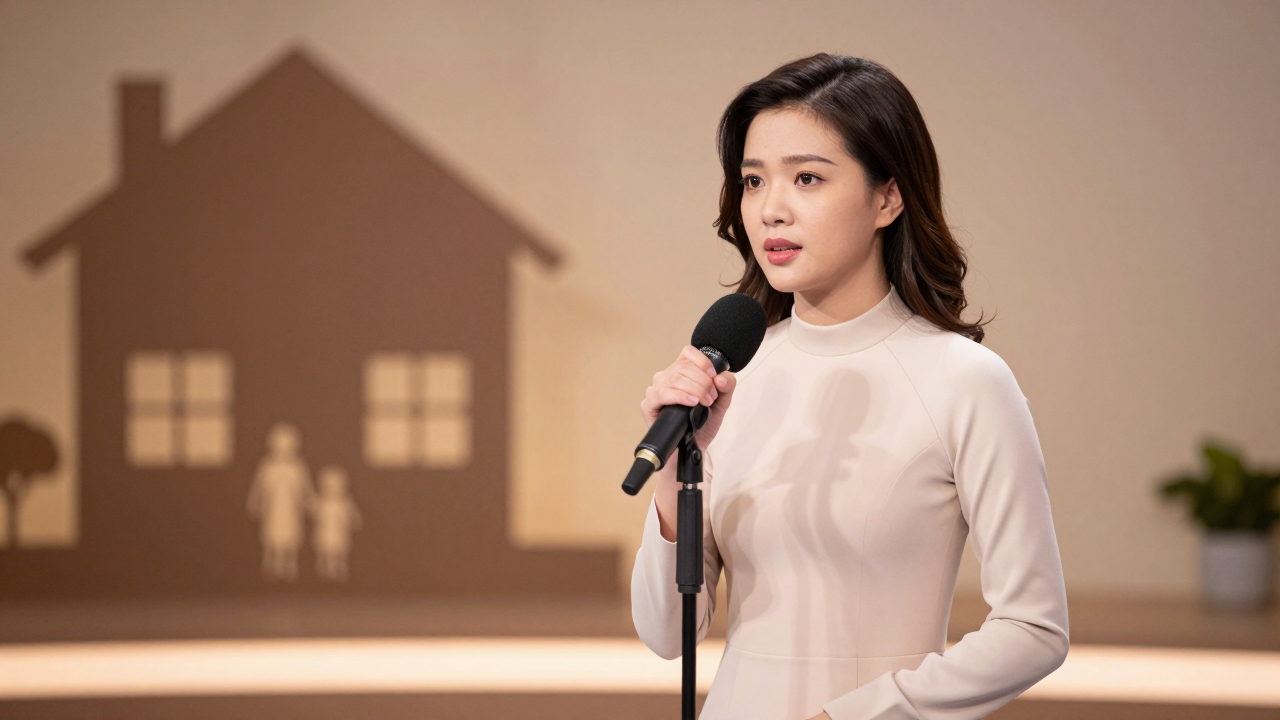 Minh họa nữ MC bên micro truyền hình và biểu tượng ngôi nhà riêng tư