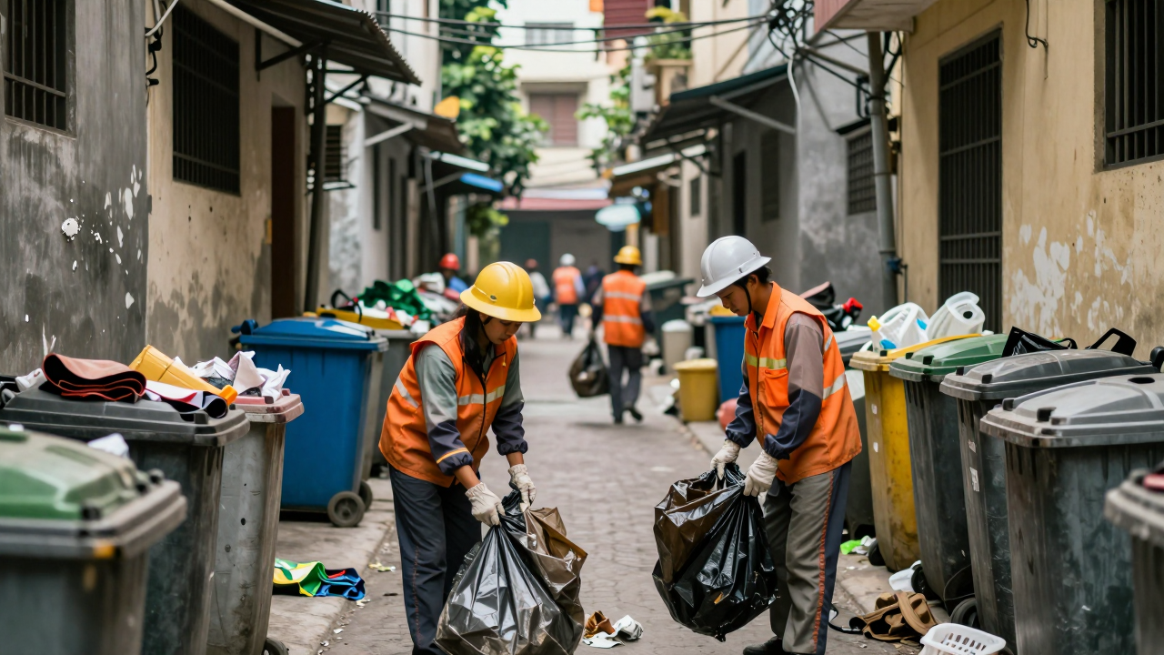 Người thu gom rác dân lập làm việc trong một con hẻm đô thị