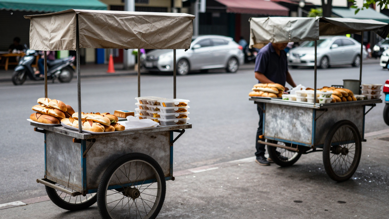 Hai xe bánh mì bán đồ ăn sáng trên đường phố TP.HCM