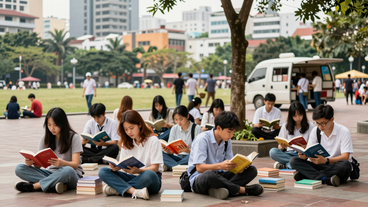 Minh họa người dân đọc sách tại nhiều không gian công cộng ở TP.HCM.