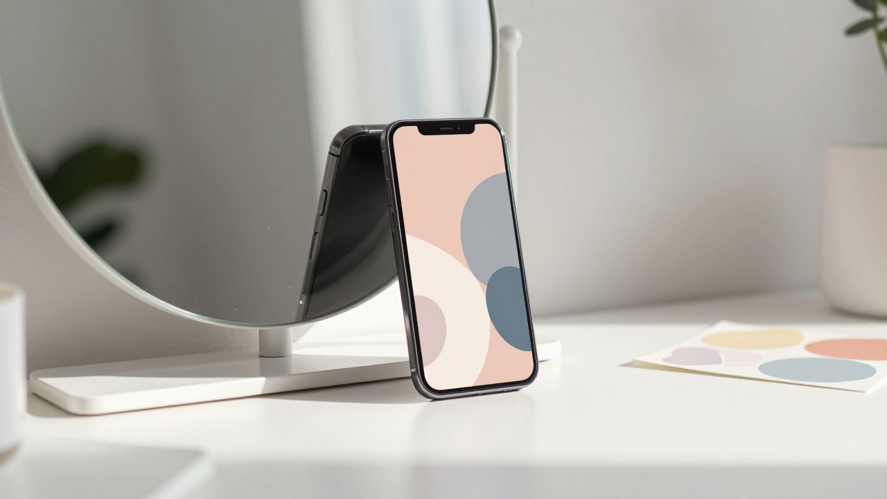 Minh họa phẳng một chiếc gương trang điểm cùng điện thoại hiển thị dòng thời gian video, gợi ý áp lực hình ảnh trên mạng xã hội