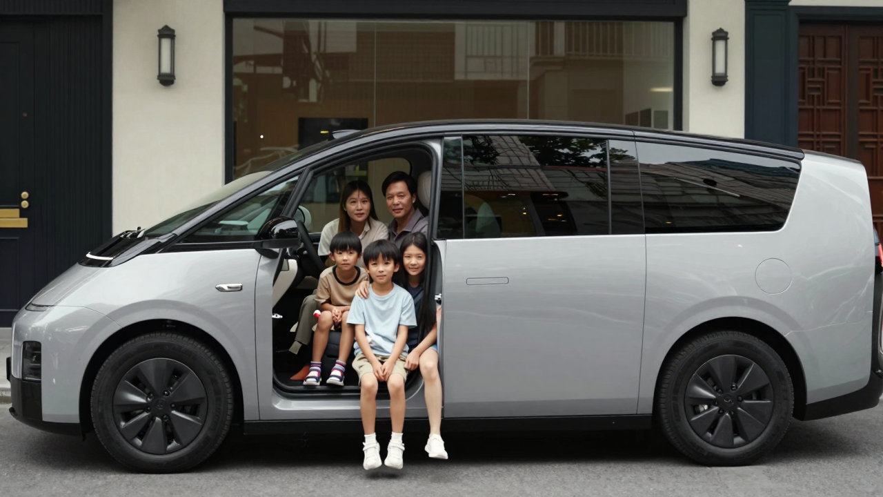 Minivan điện minh họa bên gia đình nhiều thế hệ gồm sáu người