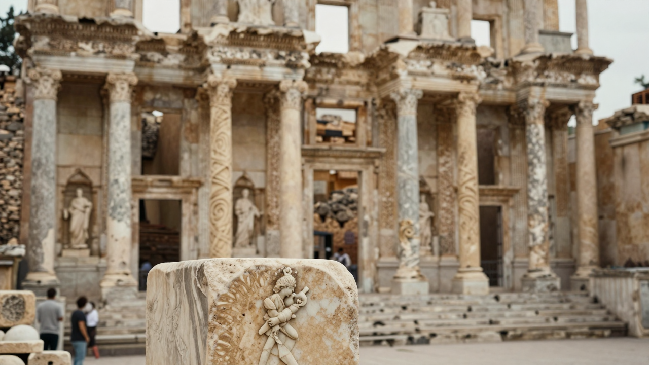 Minh họa kiến trúc cổ và khối đá cẩm thạch gợi nhắc Aphrodisias ở Thổ Nhĩ Kỳ.