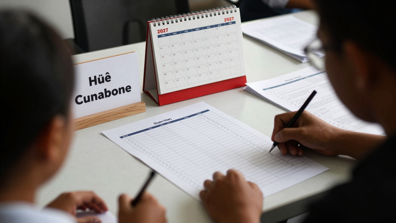 Minh họa bàn làm việc với danh sách tuyển quân và lịch năm 2027 tại Huế