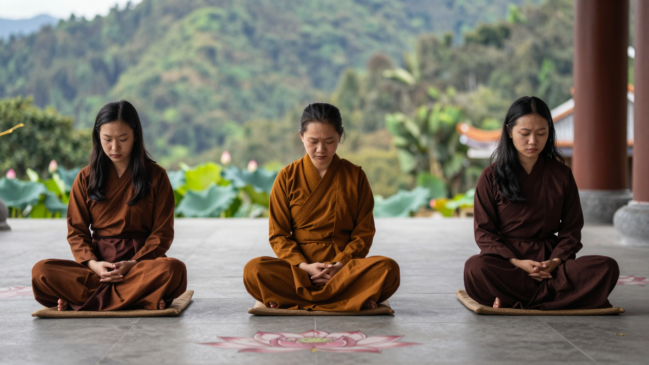 Minh họa ba nghệ sĩ tham gia chuyến cộng tu tại một ngôi chùa ở Lâm Đồng