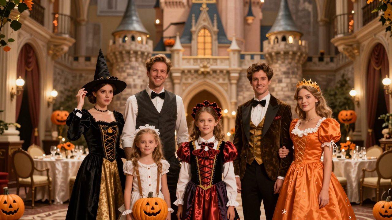 Minh họa một gia đình chuẩn bị hóa trang Halloween theo chủ đề cổ tích.