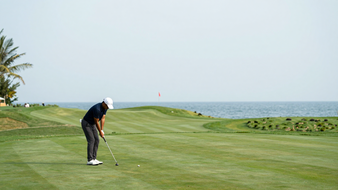 Minh họa sân golf ven biển tại Hội An với golfer chuẩn bị đánh bóng