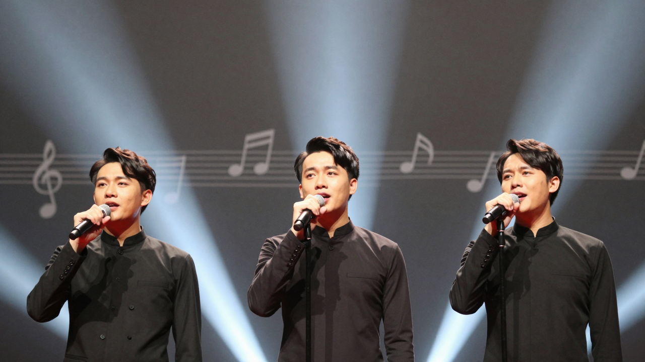 Minh họa ba ca sĩ biểu diễn chung trên sân khấu concert.