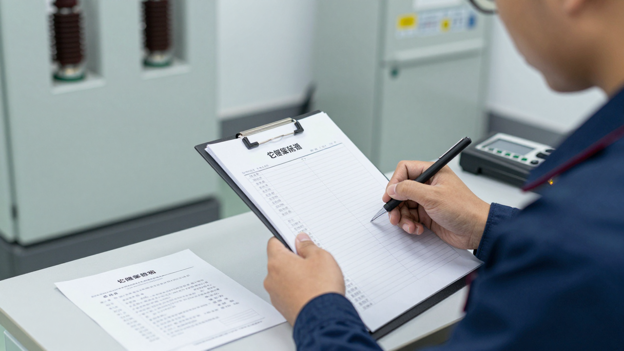 Nhân viên ngành điện xem xét checklist vận hành bên cạnh giấy khen minh họa