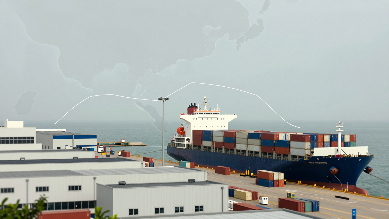 Minh họa nhà máy, cảng biển và tuyến kết nối trong chuỗi logistics.