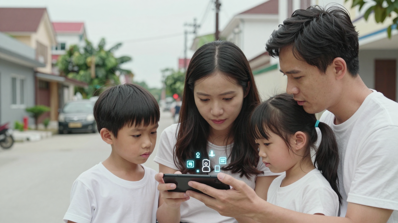 Minh họa một gia đình sử dụng điện thoại trong bối cảnh khu dân cư