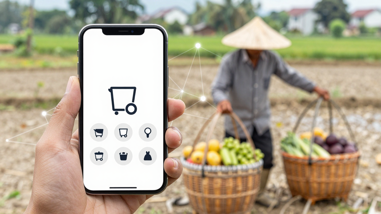 Nông sản địa phương được kết nối với thị trường trực tuyến qua biểu tượng điện thoại và mạng số.